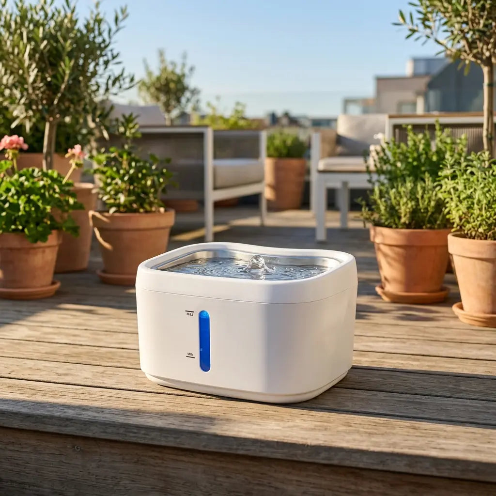 Fontaine à eau connectée pour chat avec indicateur de niveau d'eau présentée sur une terrasse
