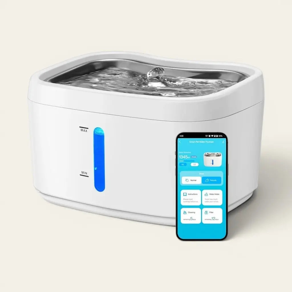 Fontaine d'eau automatique et connectée pour chat avec contrôle via application mobile et indicateur de niveau d'eau