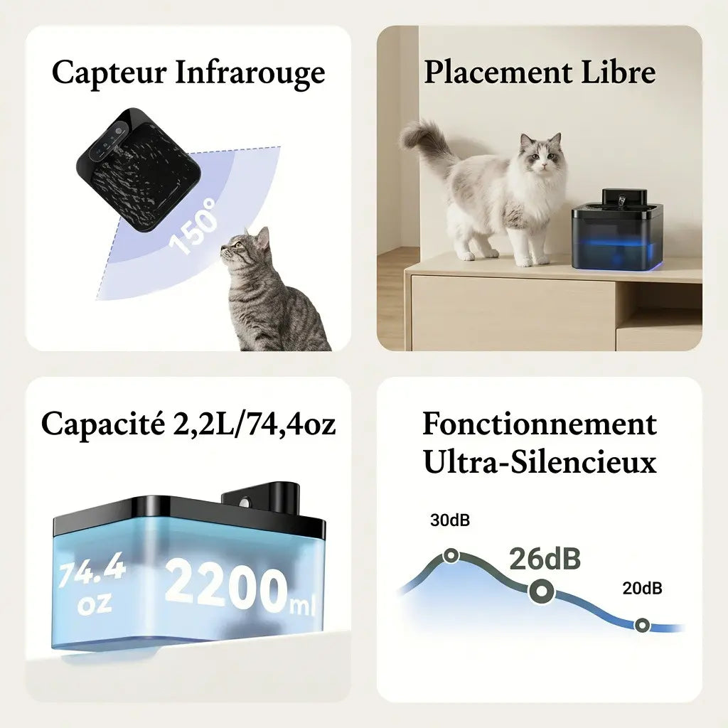 Caractéristiques de la fontaine d'eau automatique sans fil avec capteur infrarouge, fonctionnement silencieux et capacité de 2,2 litres
