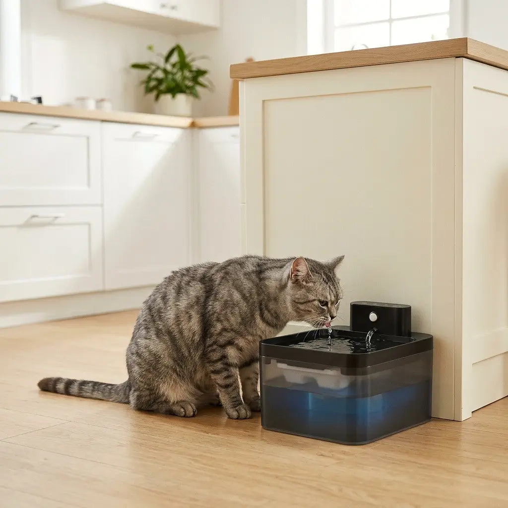Chat buvant dans une fontaine d'eau automatique sans fil avec réservoir de 2,2 litres dans une cuisine