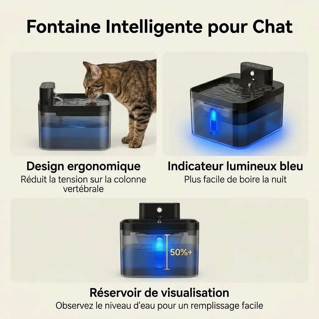 Fontaine d'eau automatique sans fil avec design ergonomique, indicateur lumineux et réservoir transparent