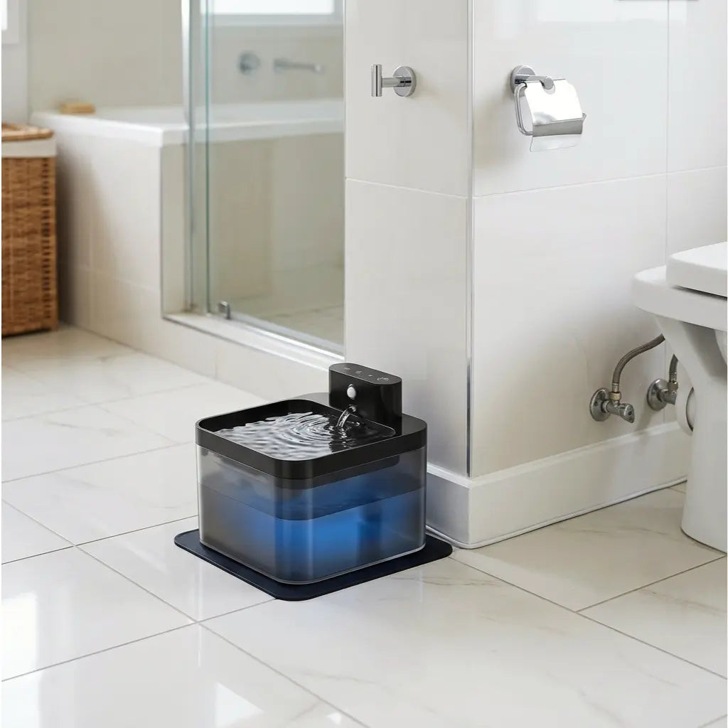 Fontaine d'eau automatique sans fil installée dans une salle de bain pour offrir une hydratation continue au chat