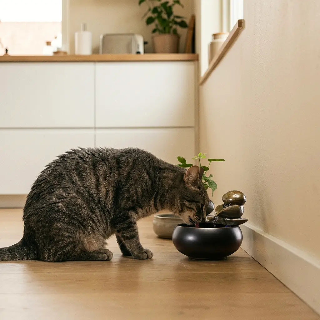 Fontaine à eau céramique noir design pour chat dans une cuisine moderne
