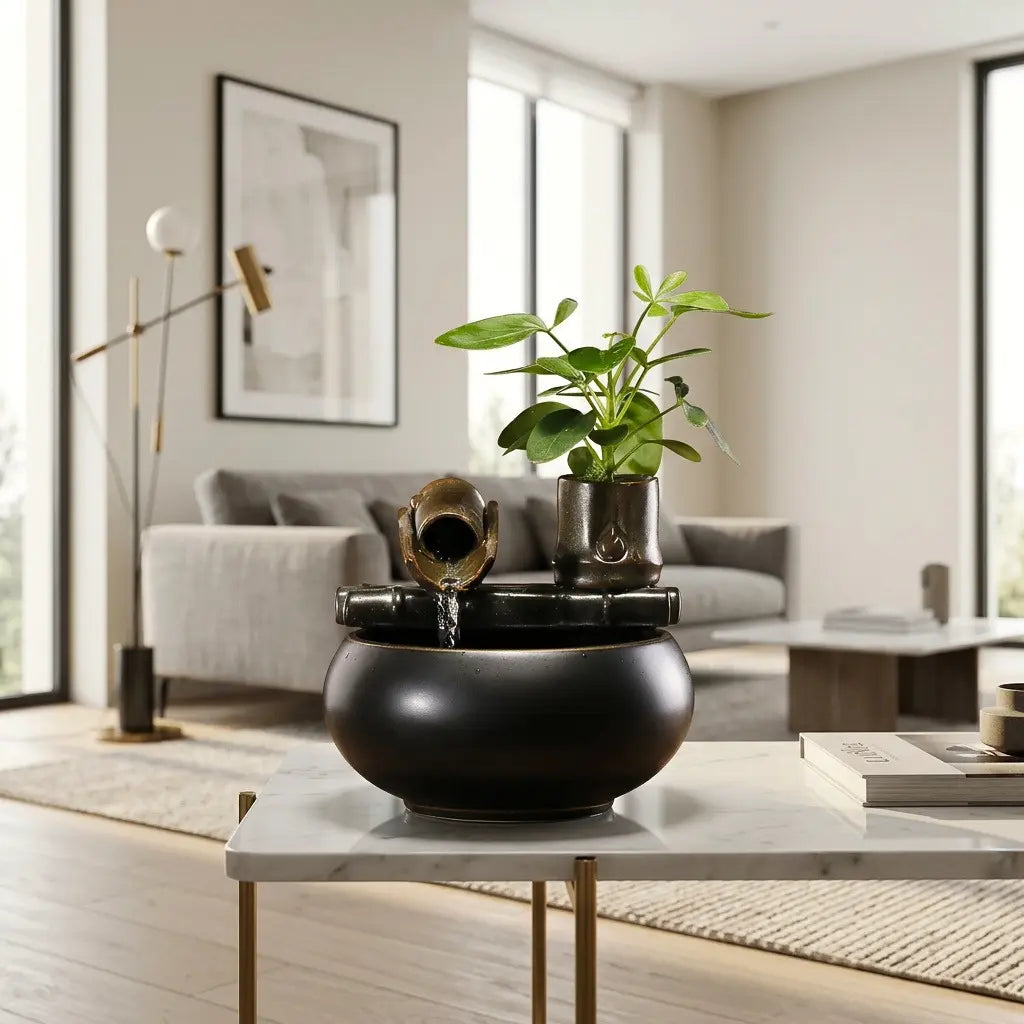 Fontaine à eau céramique noir design installée dans un salon contemporain