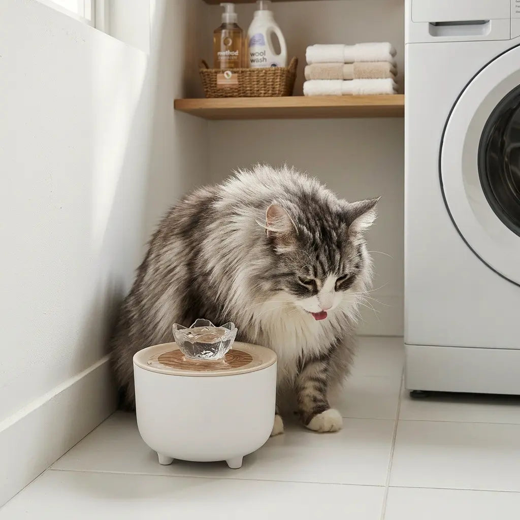 Chat buvant dans une fontaine à eau électrique blanche avec fleur en forme de distributeur d'eau