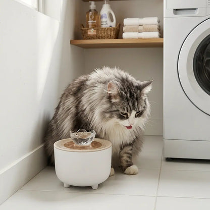 Chat buvant dans une fontaine à eau électrique blanche avec fleur en forme de distributeur d'eau