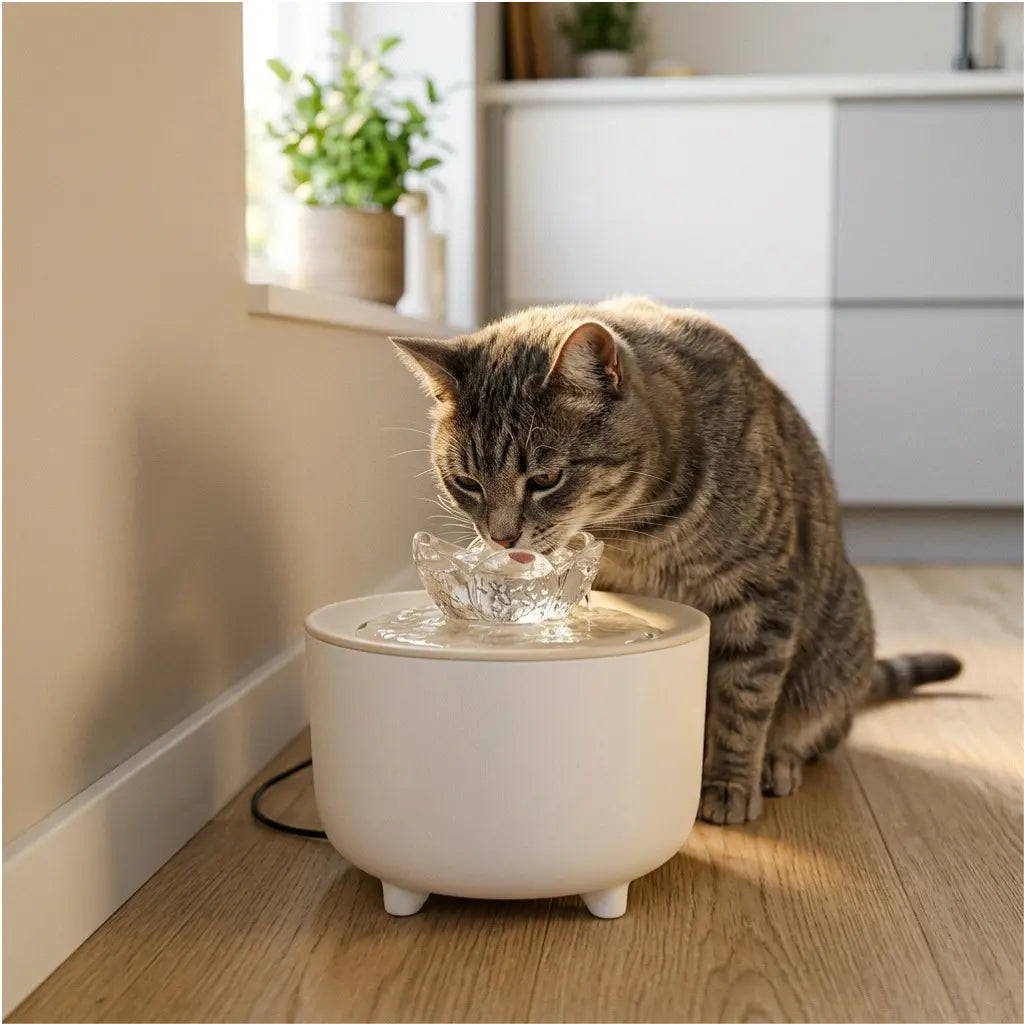 Chat s'hydratant avec une fontaine à eau électrique pour chat dans une cuisine