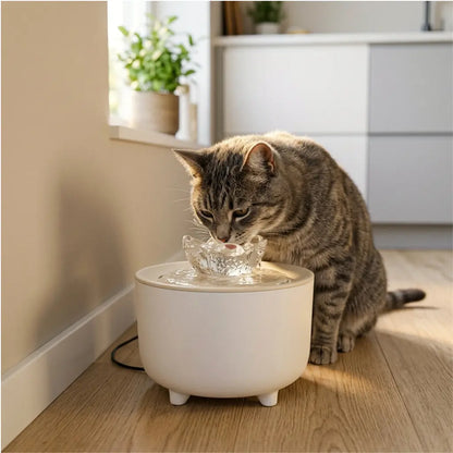 Chat s'hydratant avec une fontaine à eau électrique pour chat dans une cuisine