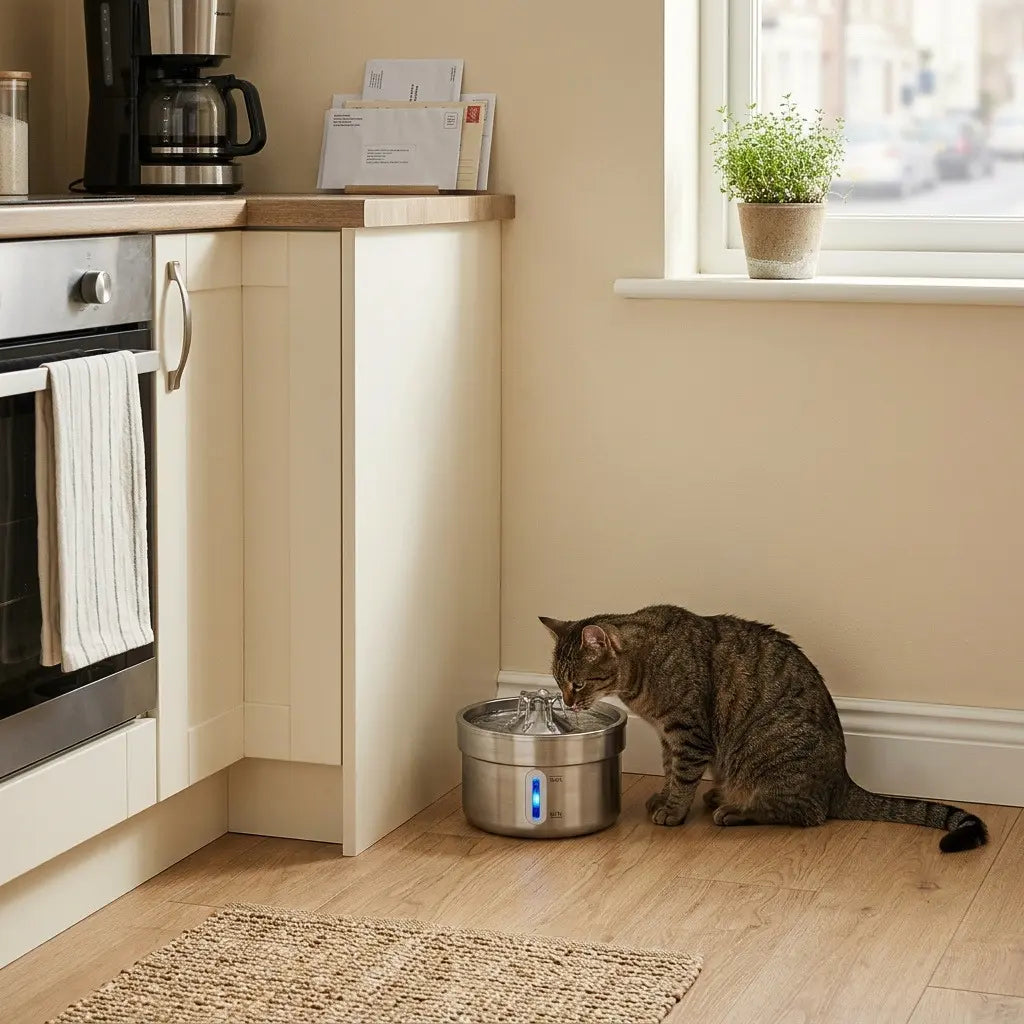 Chat utilisant une fontaine à eau en inox 2L dans une cuisine