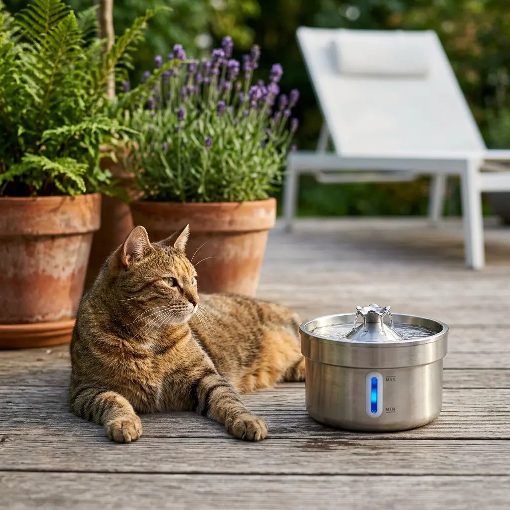 Fontaine à eau en acier inoxydable 2L pour chat présentée en extérieur sur une terrasse