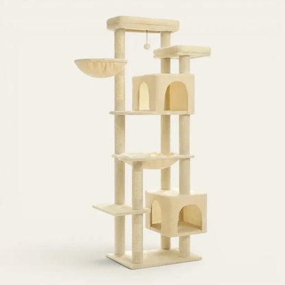 Grand arbre à chat beige avec double niche fermée, hamac suspendu, plateformes d’observation et poteaux griffoirs en sisal pour chats d’intérieur.