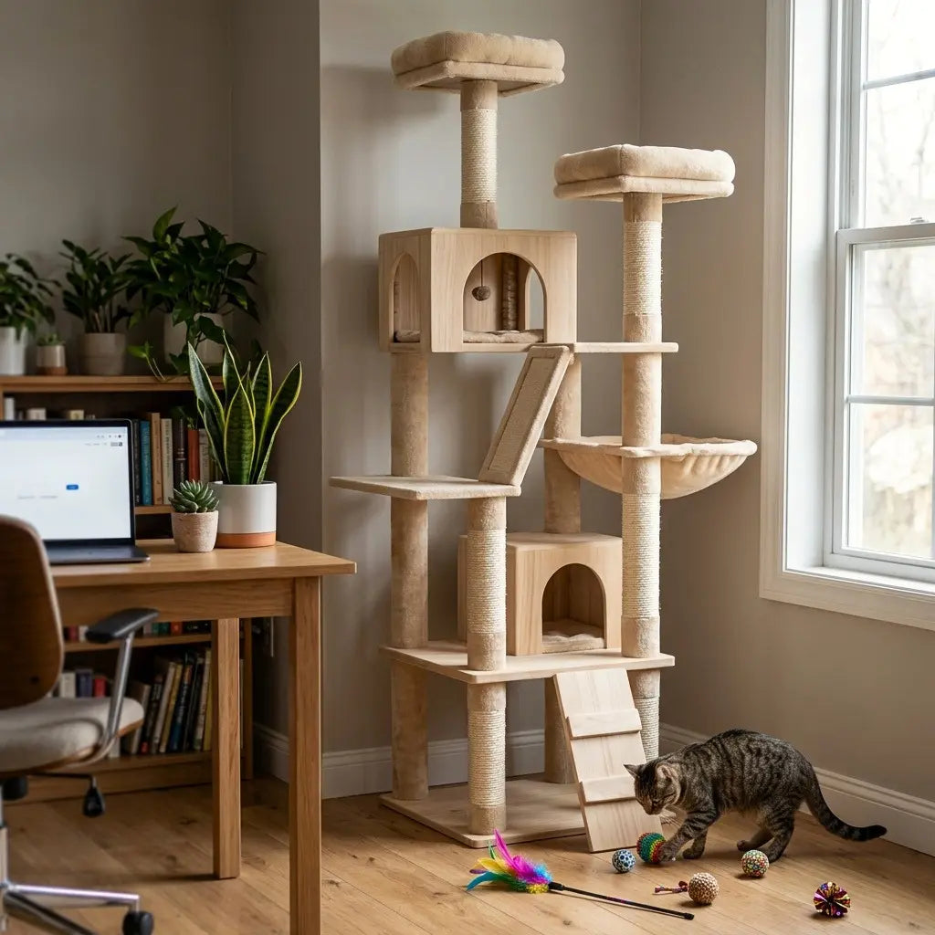 Grand arbre à chat beige avec structures en bois, hamac suspendu et espaces de repos près d'un bureau.