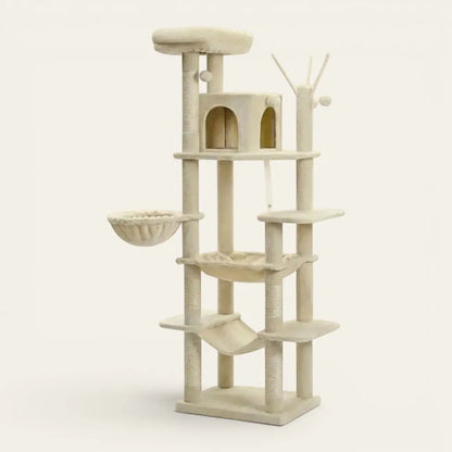Grand arbre à chat beige design avec hamac suspendu, perchoirs en hauteur, niche confortable et poteaux griffoirs pour le bien-être félin.