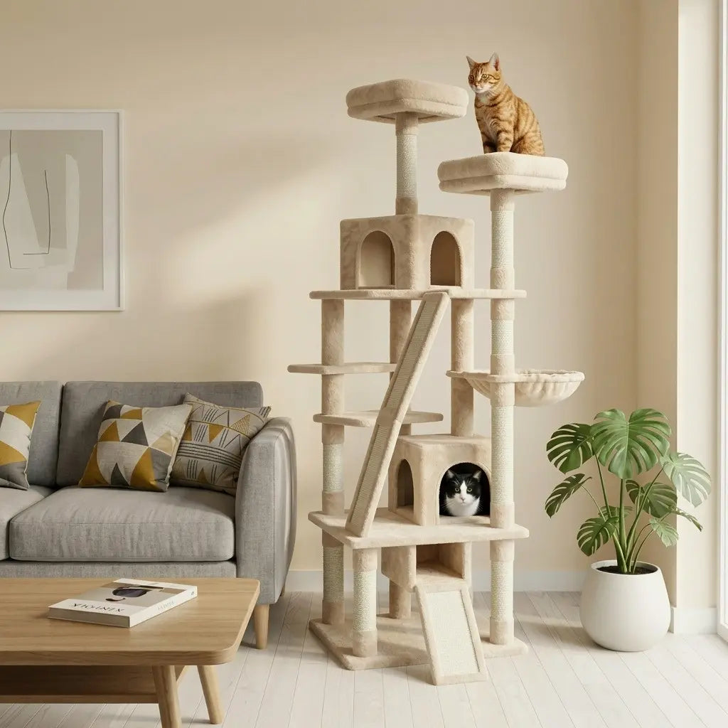 Grand arbre à chat beige avec niches, plateformes et hamac intégré dans un salon moderne et lumineux.