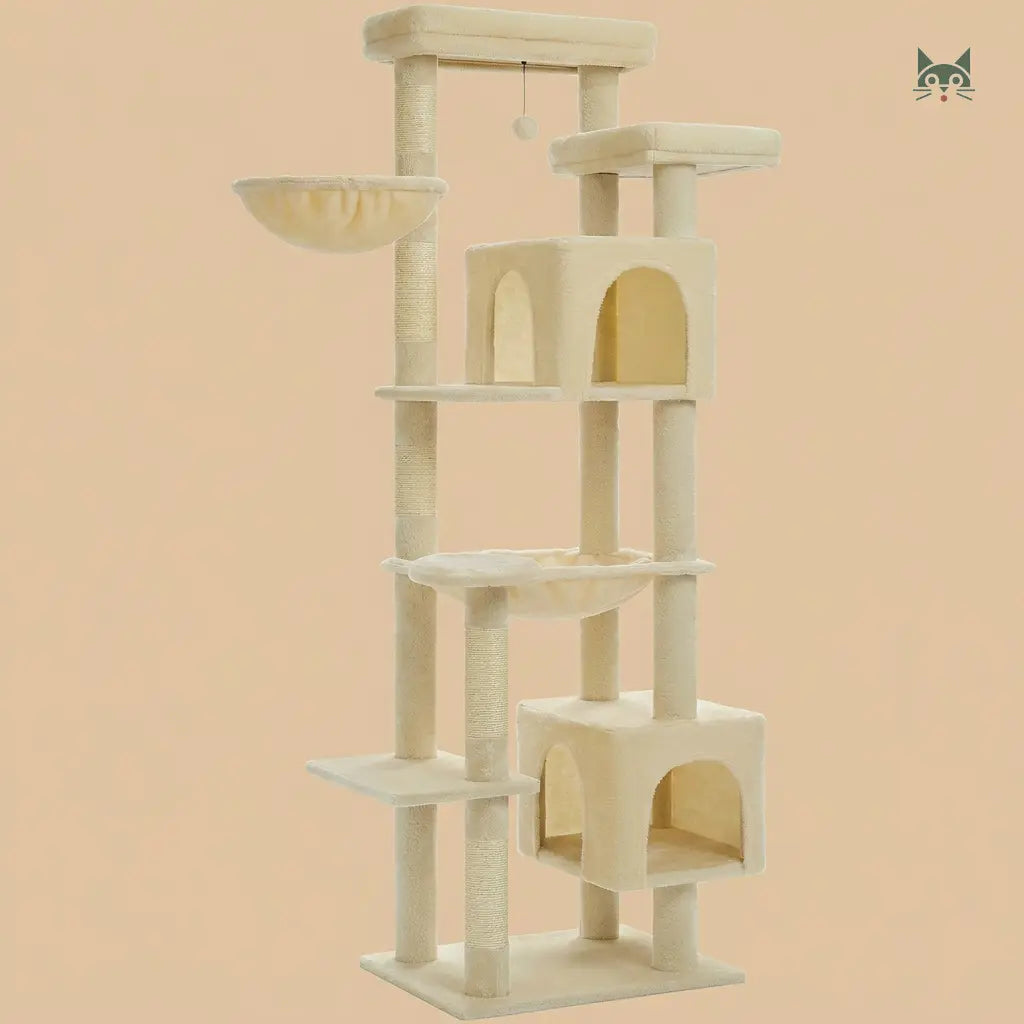 grand arbre à chat beige avec double niche, plateformes larges et hamac pour repos et jeu du chat  