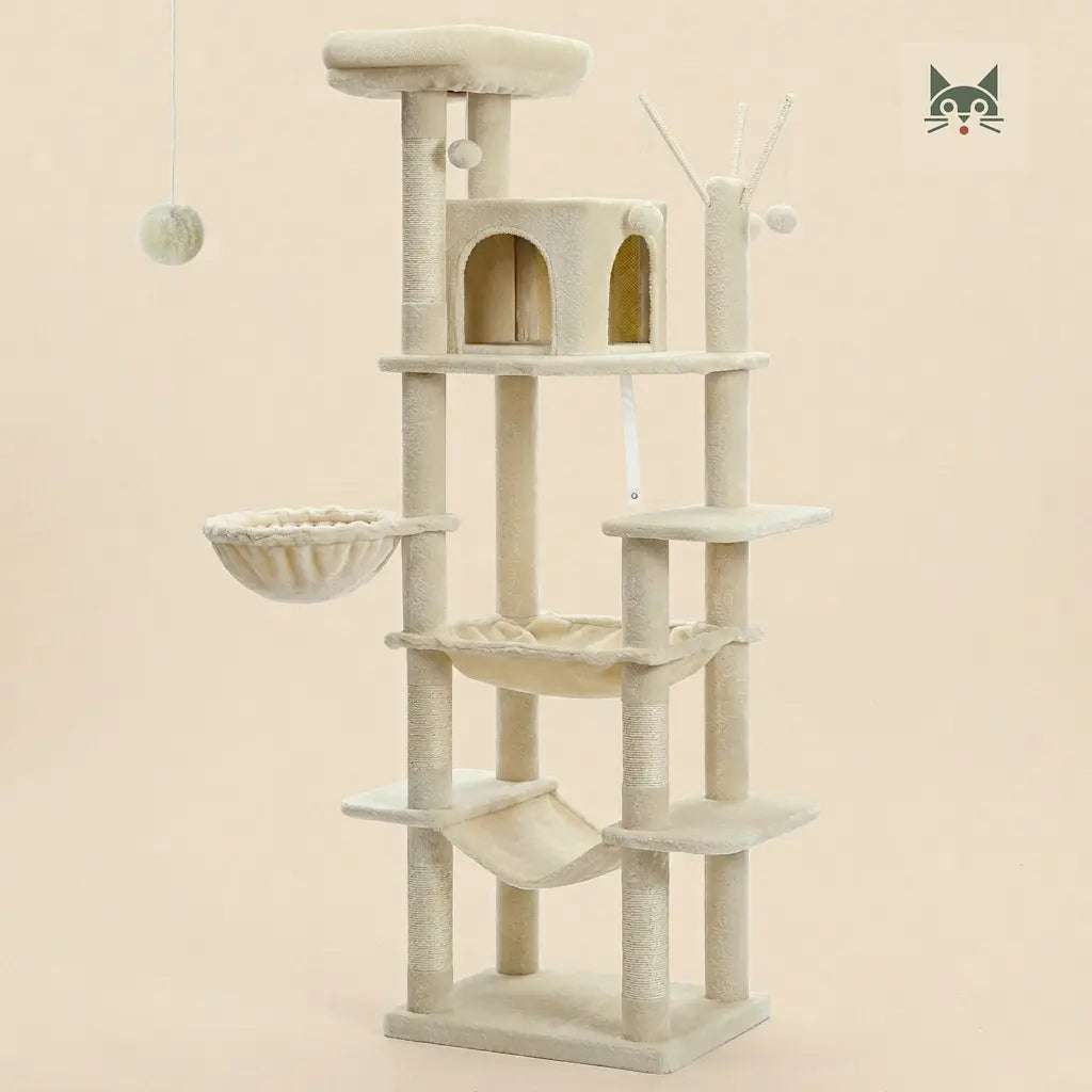 grand arbre à chat beige avec hamacs, niche et jouets suspendus, structure multiniveaux confortable et stable  