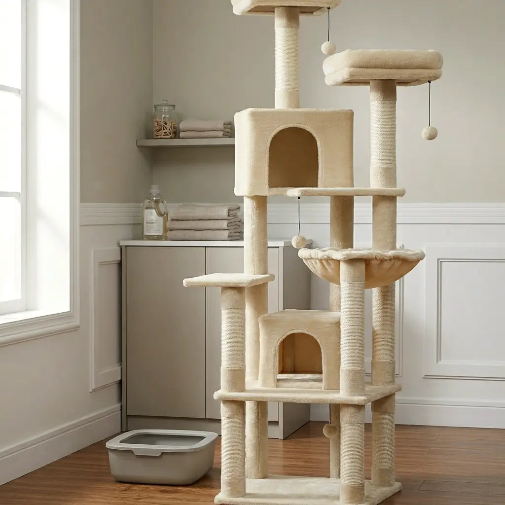 grand arbre à chat beige dans un intérieur lumineux avec niches, hamac et plateformes confortables  