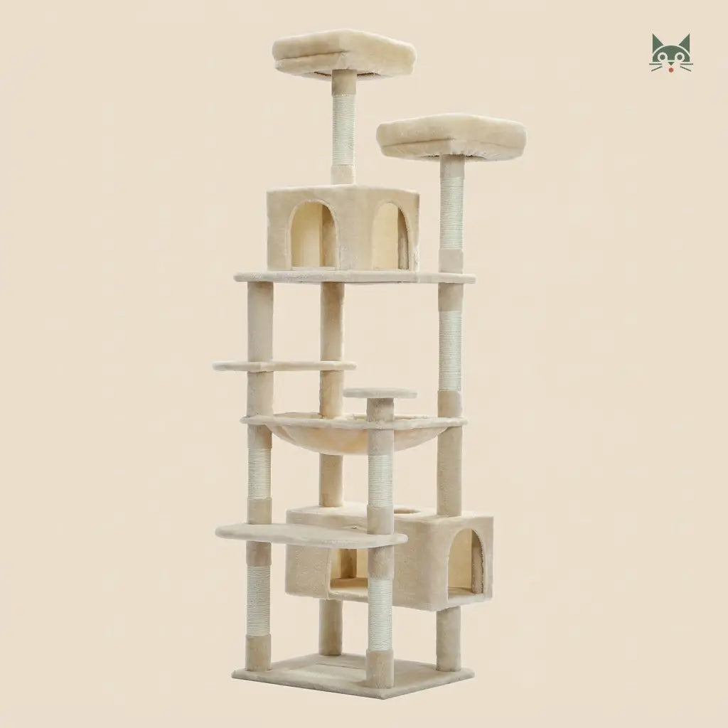 grand arbre à chat beige multiniveaux avec niches, hamac et plateformes, structure stable pour chat  