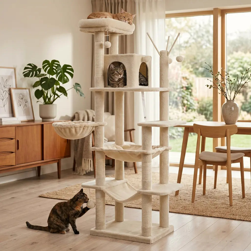 Grand arbre à chat beige à plusieurs niveaux avec hamacs, niches et plateformes dans un intérieur contemporain.