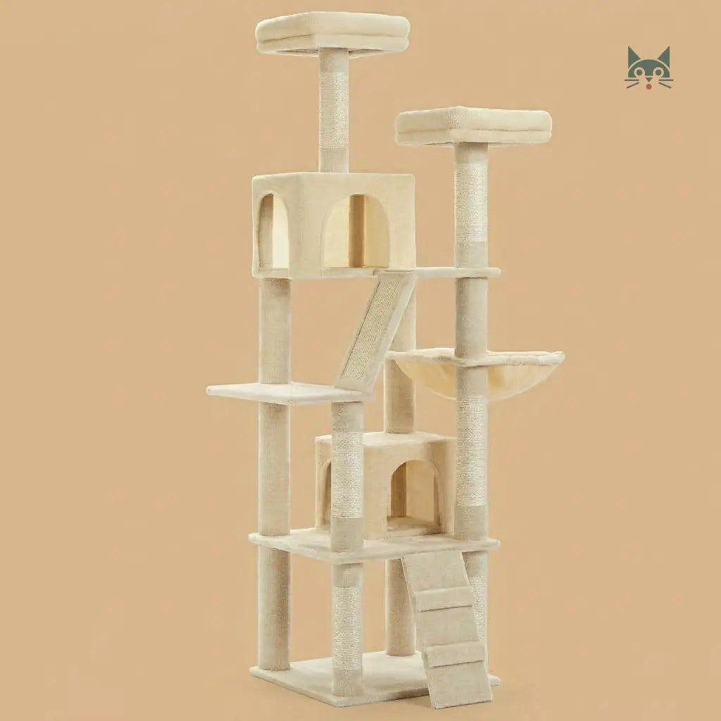 grand arbre à chat beige avec rampe, niches et plateformes, structure multiniveaux stable pour chat actif  