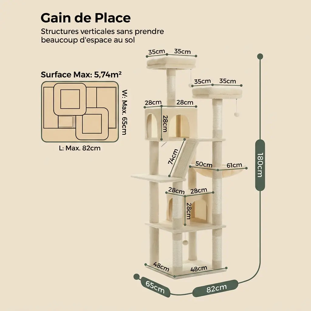 grand arbre à chat avec dimensions détaillées et structure verticale gain de place pour plusieurs chats