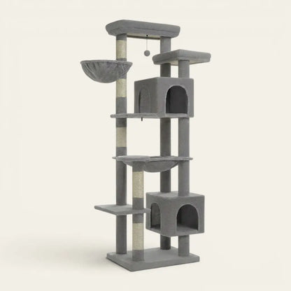 Grand arbre à chat gris avec panier suspendu, double niche, plateformes d’observation et griffoirs résistants