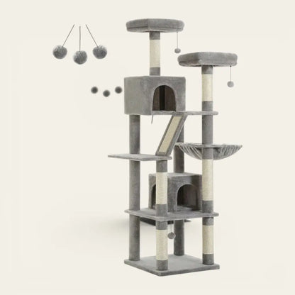 Grand arbre à chat gris avec double niche, échelle d’accès, hamac suspendu et espaces de jeu en hauteur