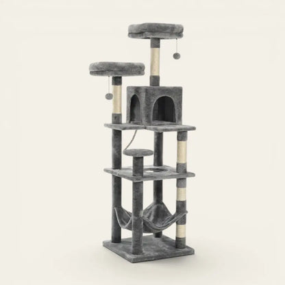 Grand arbre à chat gris avec hamac de repos, niche surélevée, plateformes confortables et poteaux à griffer