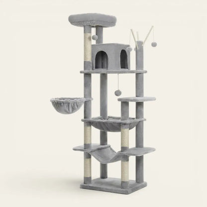 Grand arbre à chat gris avec panier suspendu, hamac confortable, niche en hauteur et espaces de jeu pour chat
