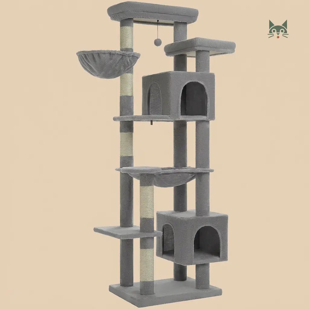 grand arbre à chat gris avec niche, hamac et plateformes multiniveaux, design robuste pour chat actif  