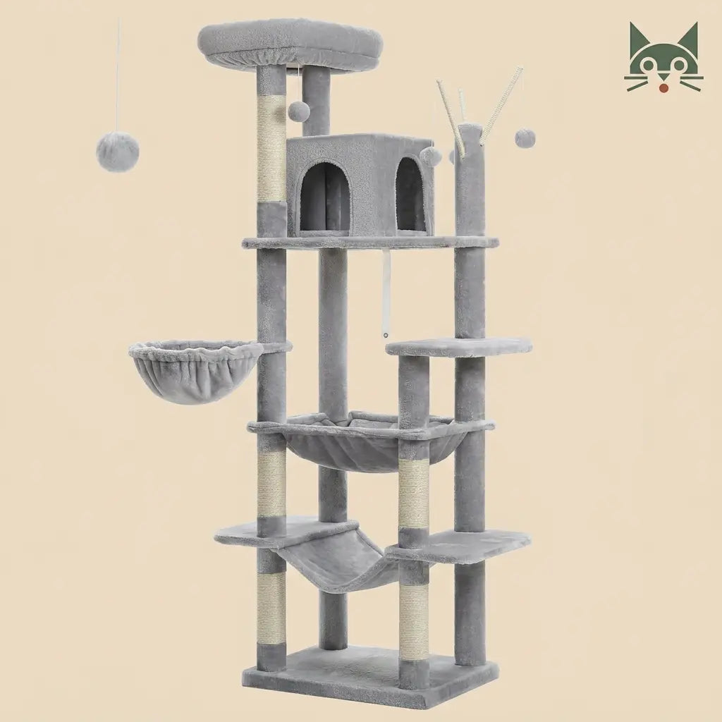 grand arbre à chat gris avec hamacs, niches et jouets suspendus, idéal pour plusieurs chats actifs  