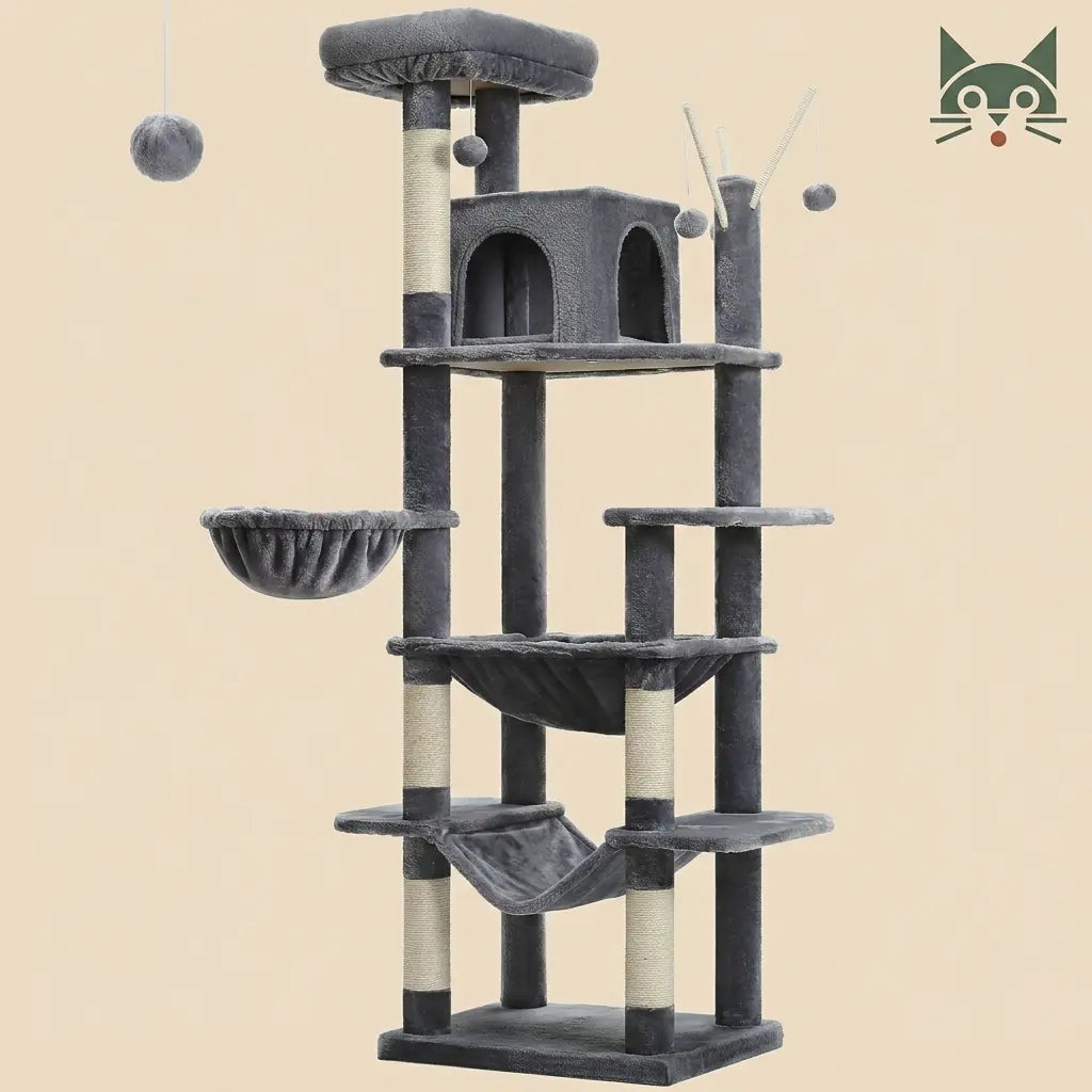 grand arbre à chat gris avec hamacs, niche et plateformes, design robuste pour plusieurs chats  