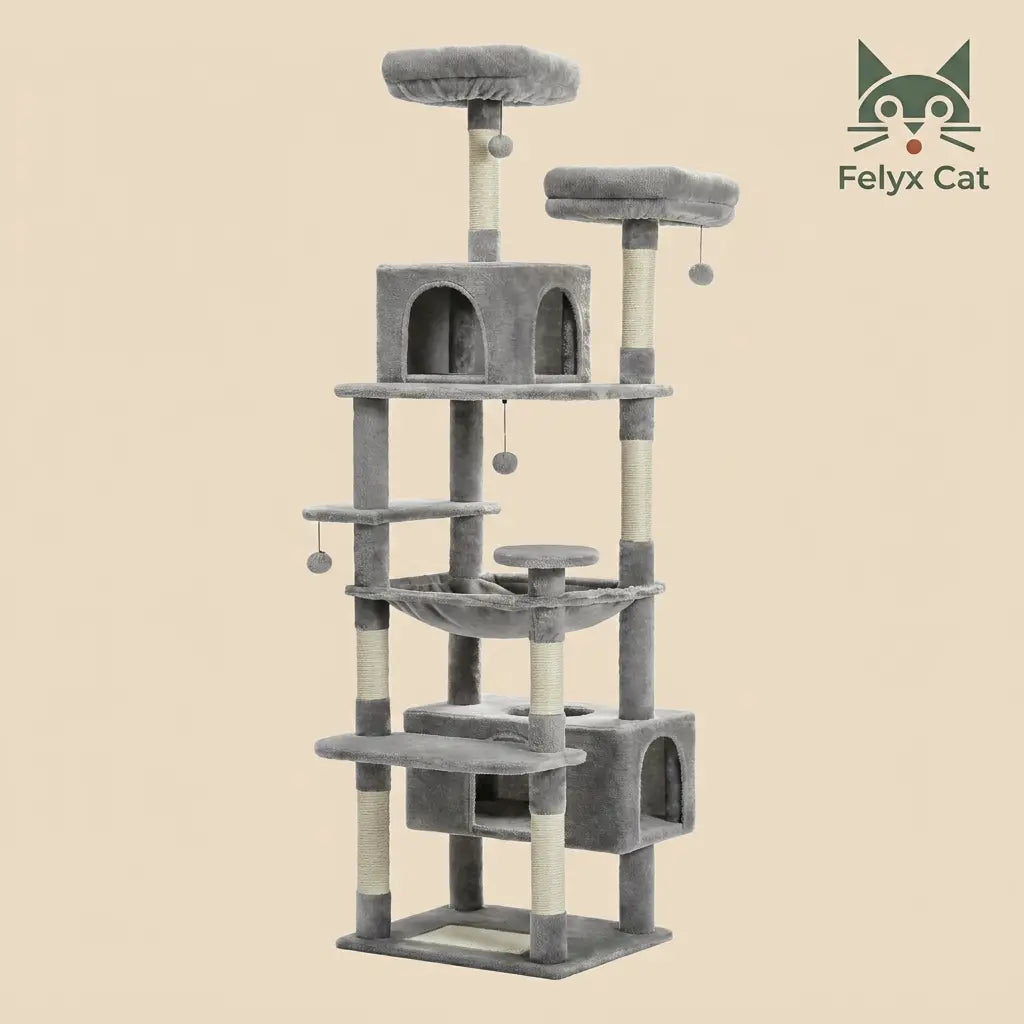 grand arbre à chat gris multiniveaux avec niches, plateformes et jouets suspendus, idéal pour plusieurs chats  