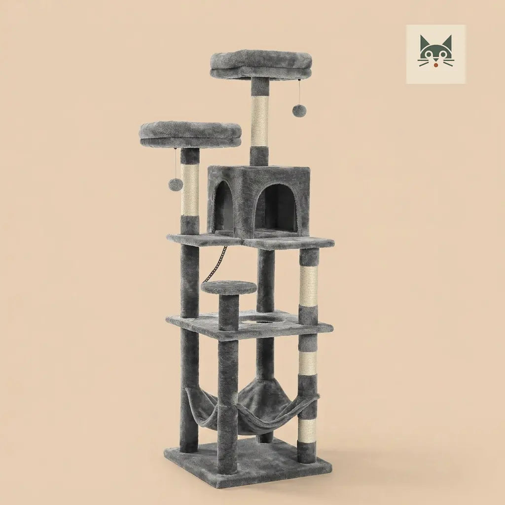 grand arbre à chat gris avec niche, hamac et plateformes, design robuste pour repos et jeu du chat  