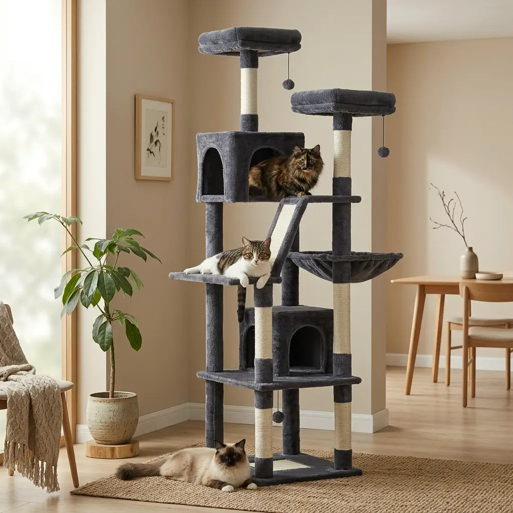 grand arbre à chat gris avec plusieurs chats dans un intérieur moderne, plateformes et niches pour repos  