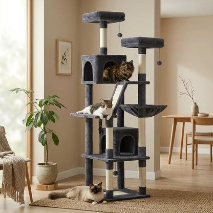 grand arbre à chat gris avec plusieurs chats dans un intérieur moderne, plateformes et niches pour repos  