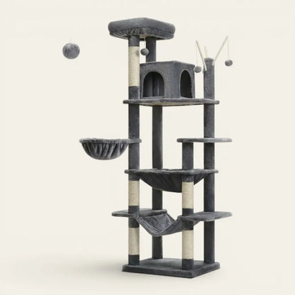 Grand arbre à chat noir avec double hamac, niche surélevée, plateformes de repos et jouets suspendus