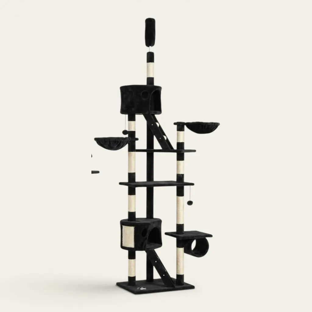 Arbre à chat haut avec plusieurs niveaux, niches intégrées, hamacs suspendus, plateformes d’observation, tunnel de jeu et poteaux griffoirs pour stimuler l’activité quotidienne de votre chat.