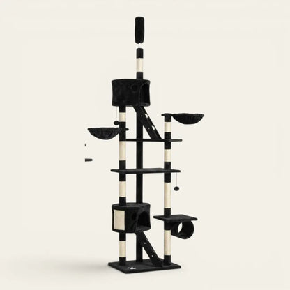 Arbre à chat haut avec plusieurs niveaux, niches intégrées, hamacs suspendus, plateformes d’observation, tunnel de jeu et poteaux griffoirs pour stimuler l’activité quotidienne de votre chat.