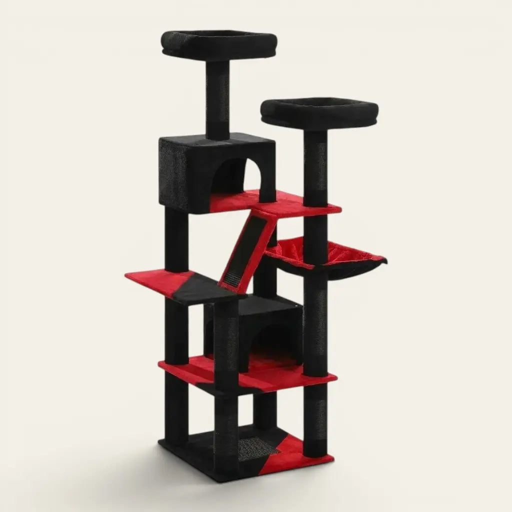 Grand arbre à chat noir et rouge avec double niche, hamac suspendu, plateformes d’observation et griffoirs en sisal