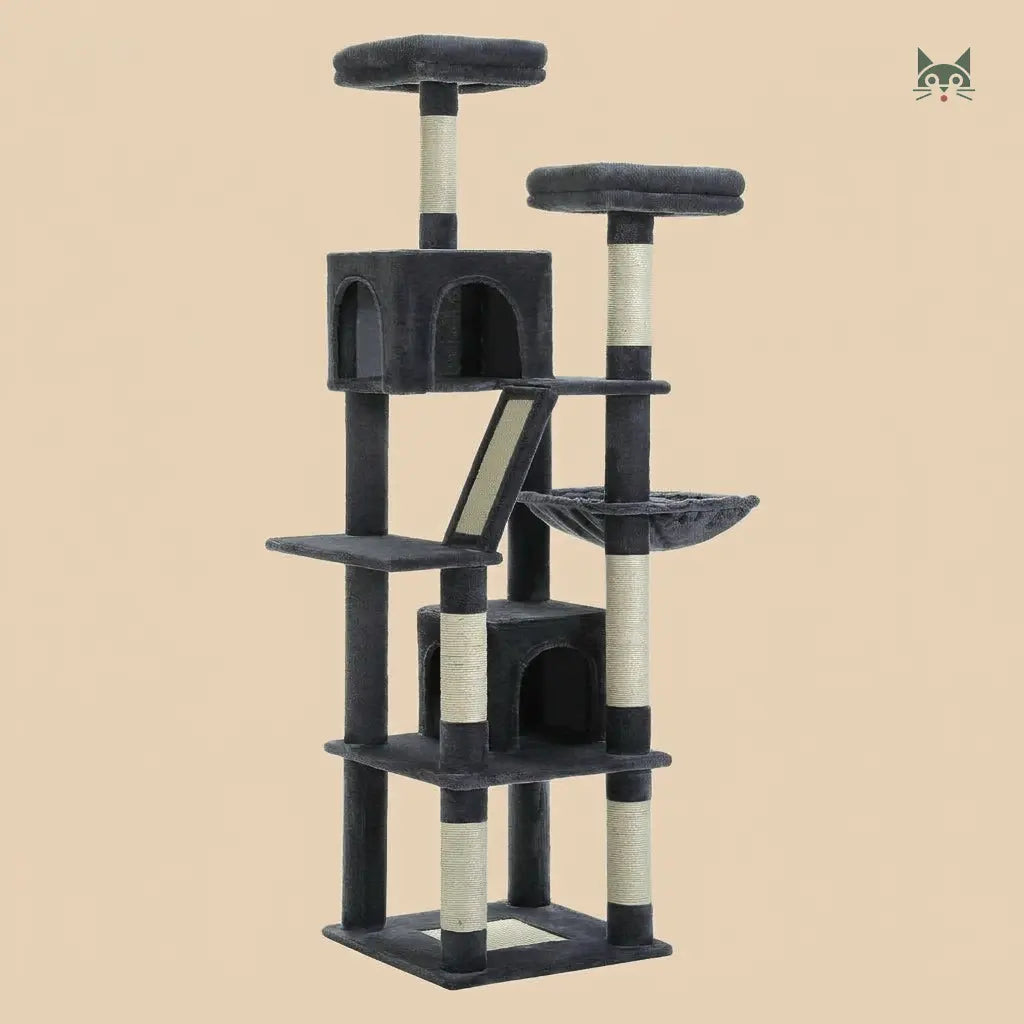 grand arbre à chat noir avec rampe, niche et plateformes multiniveaux pour chat actif  