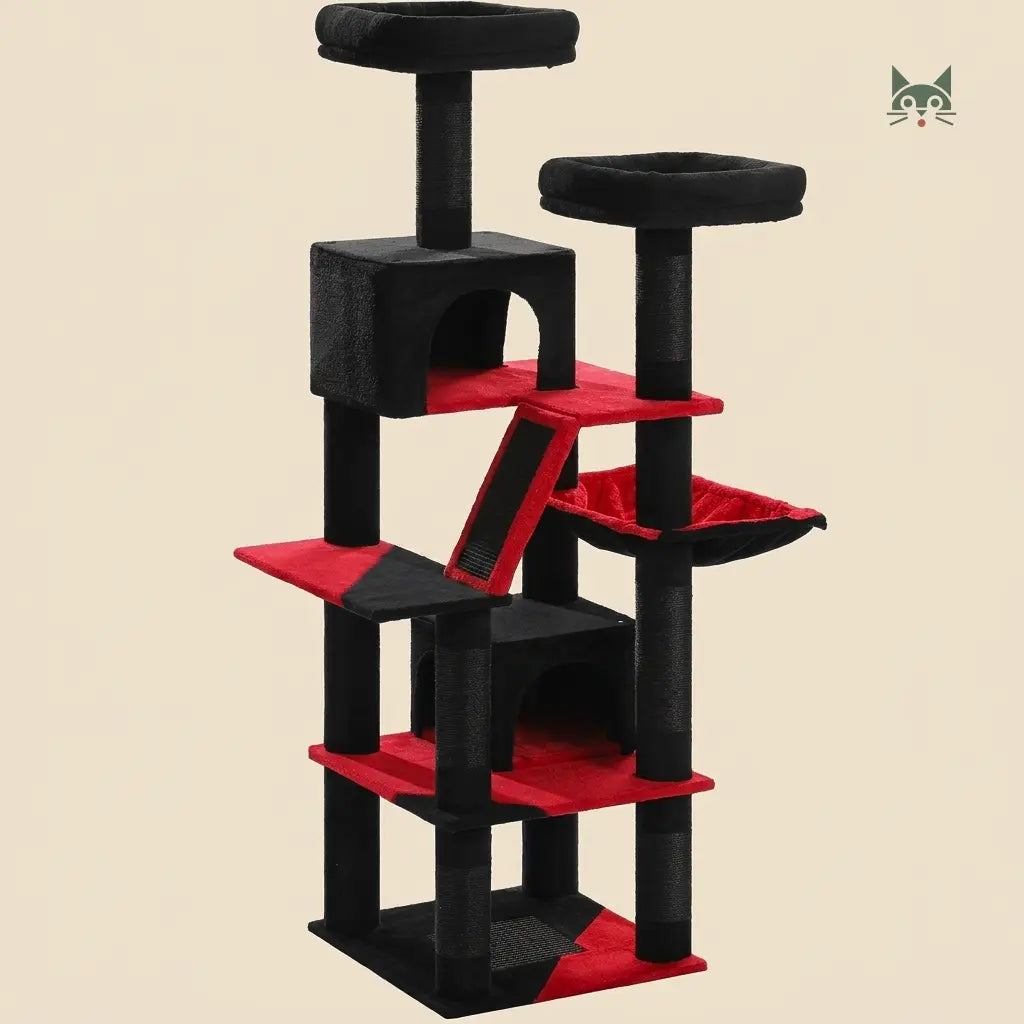 grand arbre à chat noir et rouge avec niches, plateformes et hamac, structure robuste pour chat actif  