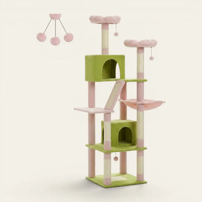 Grand arbre à chat rose et vert avec double niche, hamac suspendu, plateformes de repos et poteaux en sisal