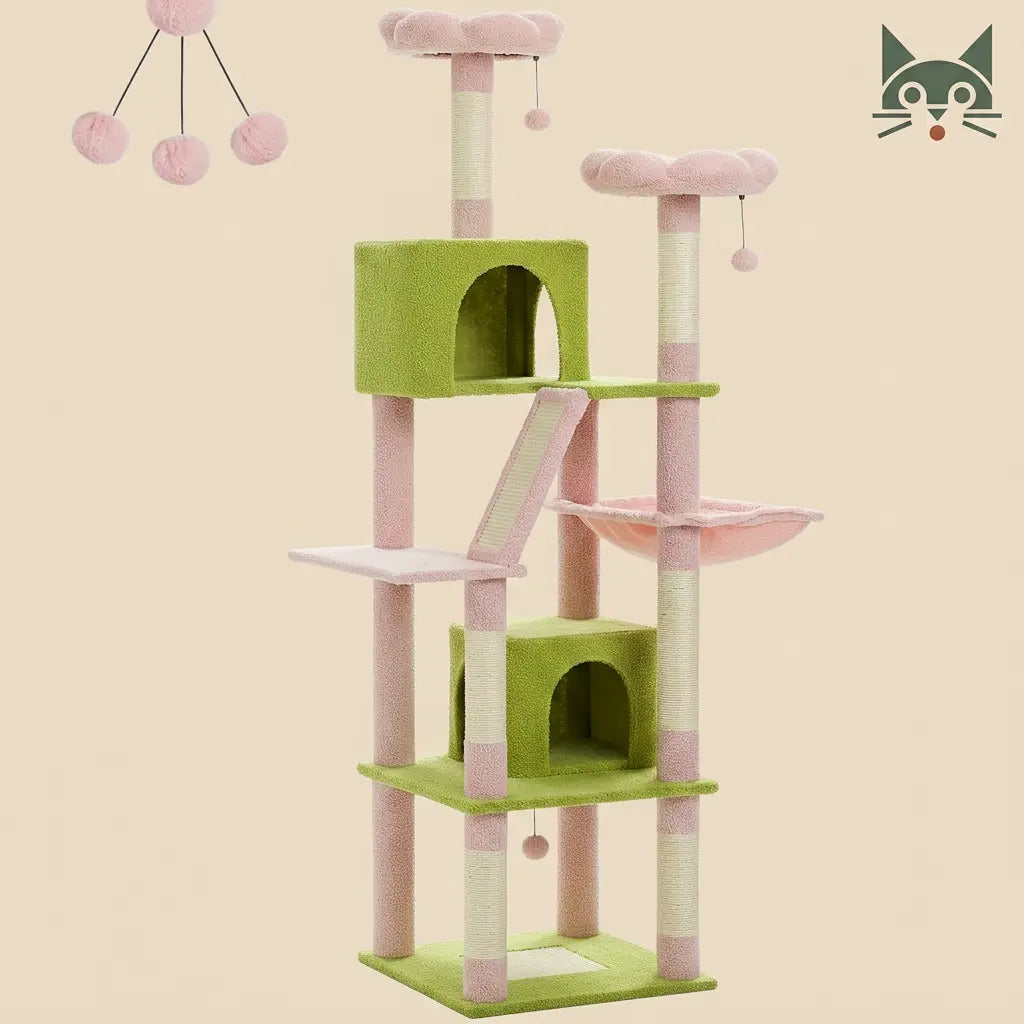 grand arbre à chat rose et vert avec niches, hamac et plateformes, design original et stable pour chat  