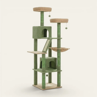 Grand arbre à chat gris avec deux niches, hamac confortable, plateformes de repos et poteaux à griffer renforcés
