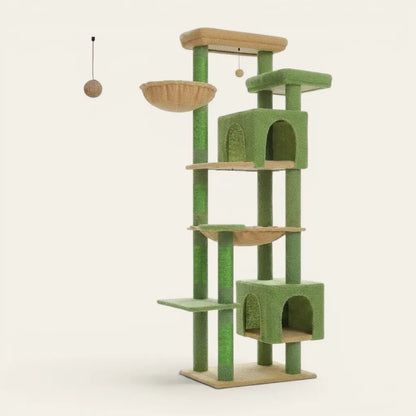 Grand arbre à chat vert avec double niche, hamac de repos, plateformes d’observation et griffoirs résistants