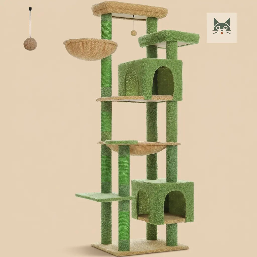 grand arbre à chat vert et beige avec niche, hamac et plateformes, design original et stable pour chat  