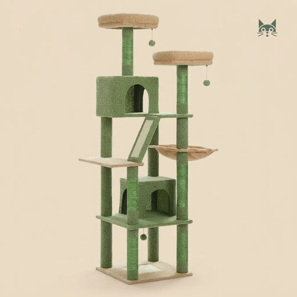 grand arbre à chat vert et beige avec niche, hamac et plateformes, structure stable et design original  