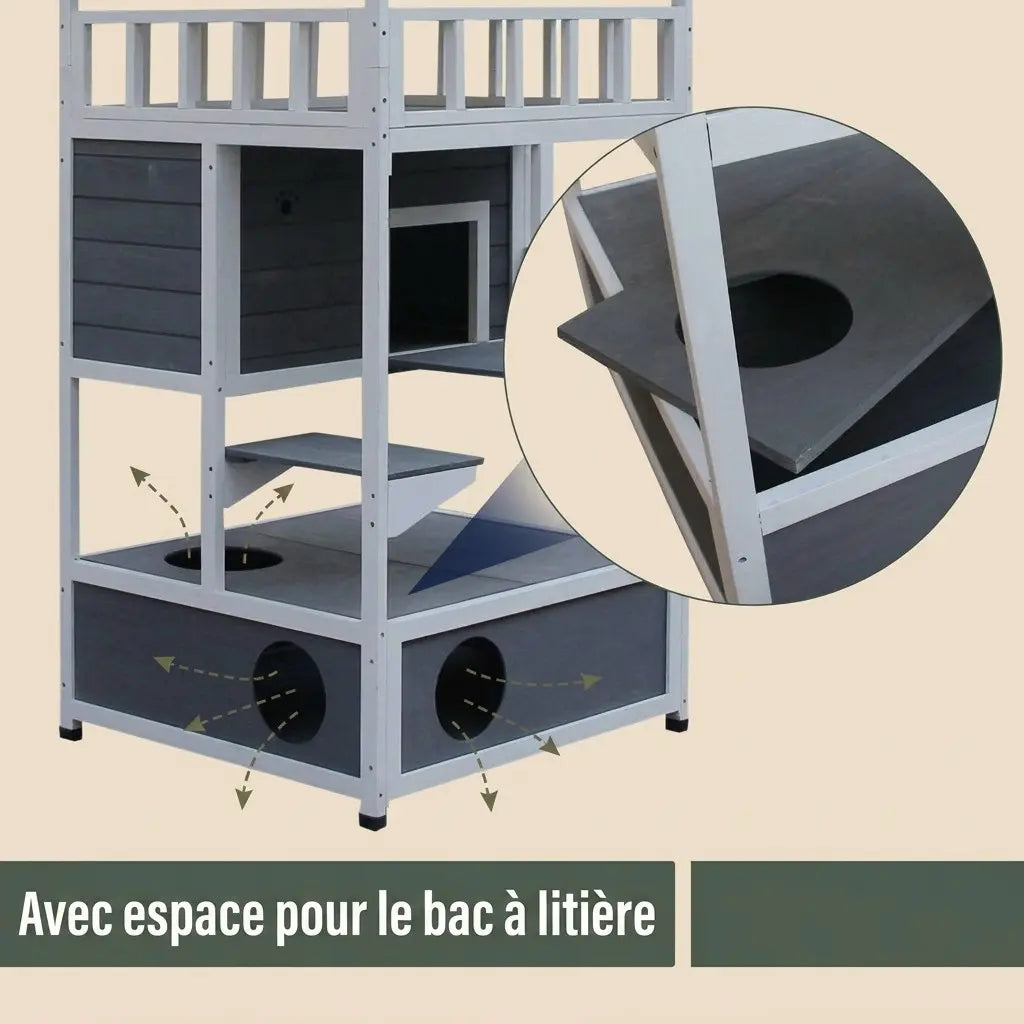 Grande maison chat extérieur en bois avec espace intégré pour bac à litière et circulation confortable des chats.