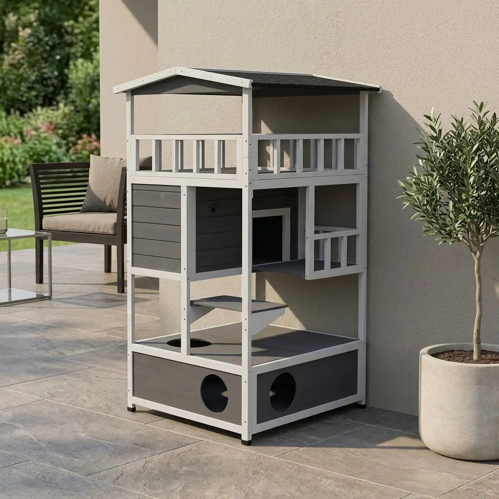 Grande maison chat extérieur en bois au design moderne offrant un espace sécurisé et élégant pour chats actifs.